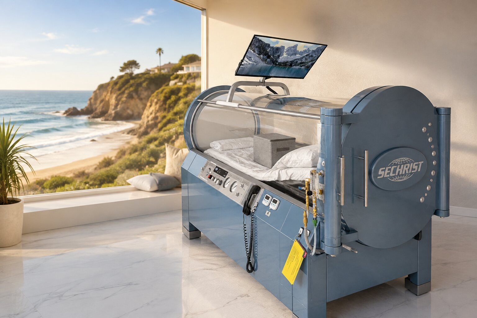 A Sechrist monoplace chamber in a coastal treatment room overlooking the ocean