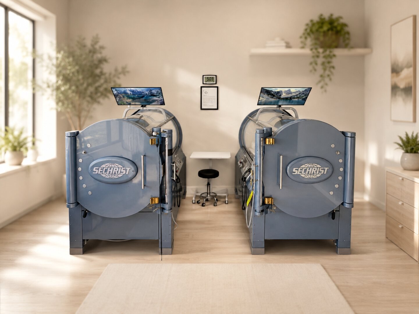 A Sechrist monoplace chamber in a bright, daylit treatment room