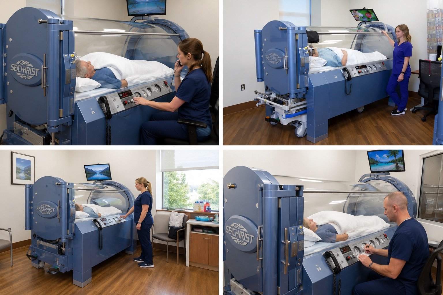 Pacific Hyperbarics clinicians caring for patients in hyperbaric oxygen chambers