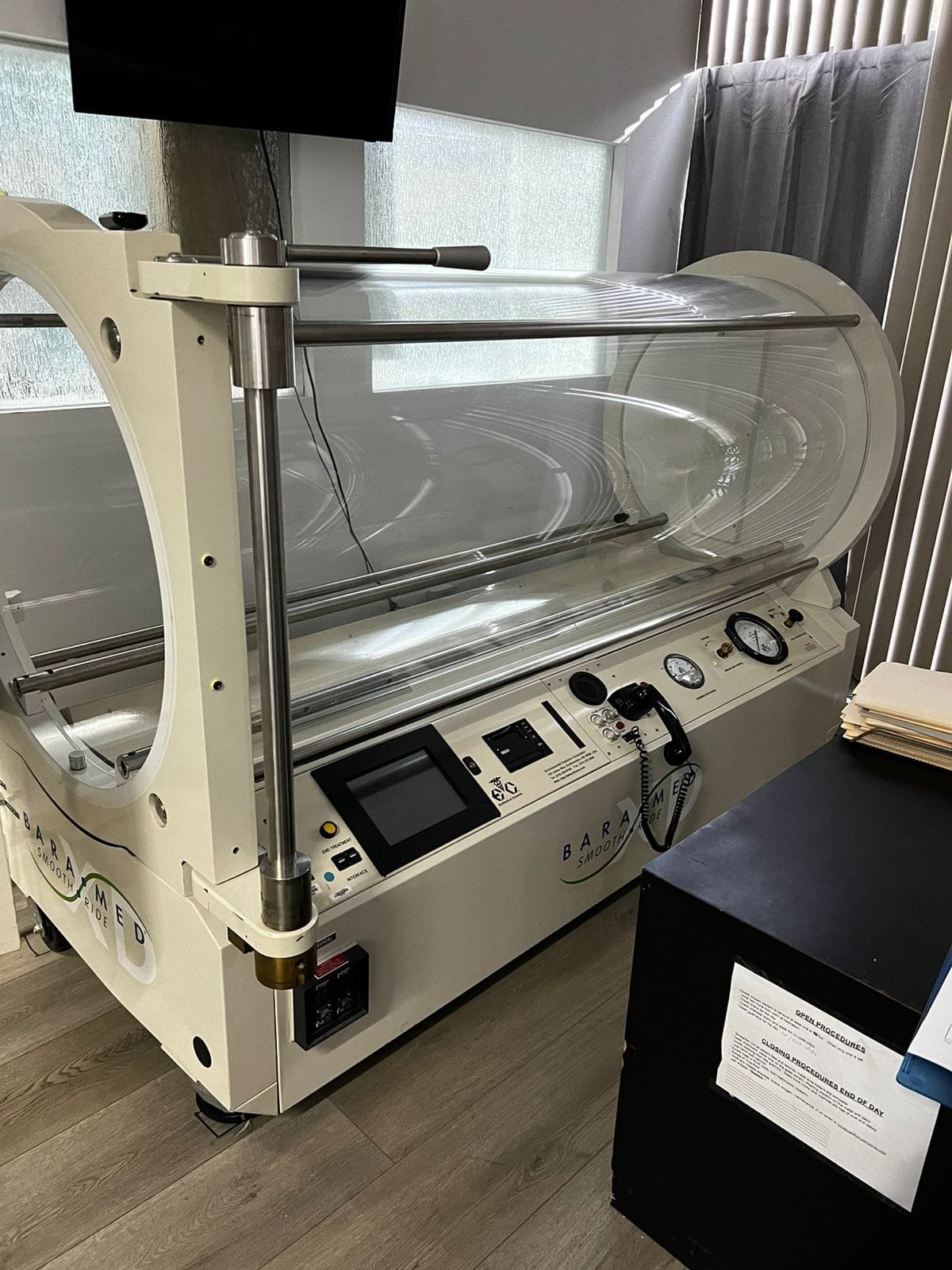 Clear-view hyperbaric chamber ready for a session